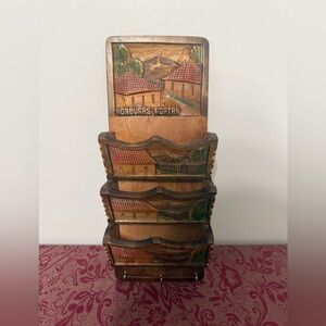 vintage, hand-carved wooden wall-mounted mail sorter and key holder